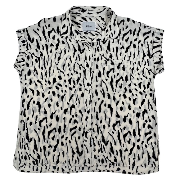 Rails Whitney Print Shirt Cheetah Blouse Short Sleeve Ivory Black M Medium - Picture 4 of 15